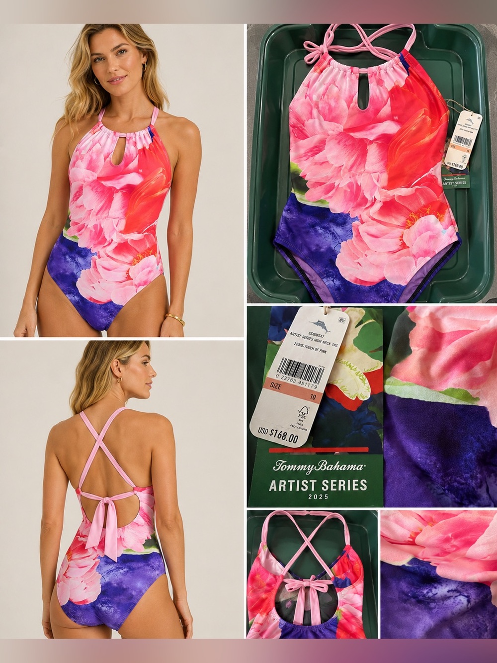Tommy Bahama Artist Series High Neck One Piece Swimsuit Size 10 Retail $168 NWT